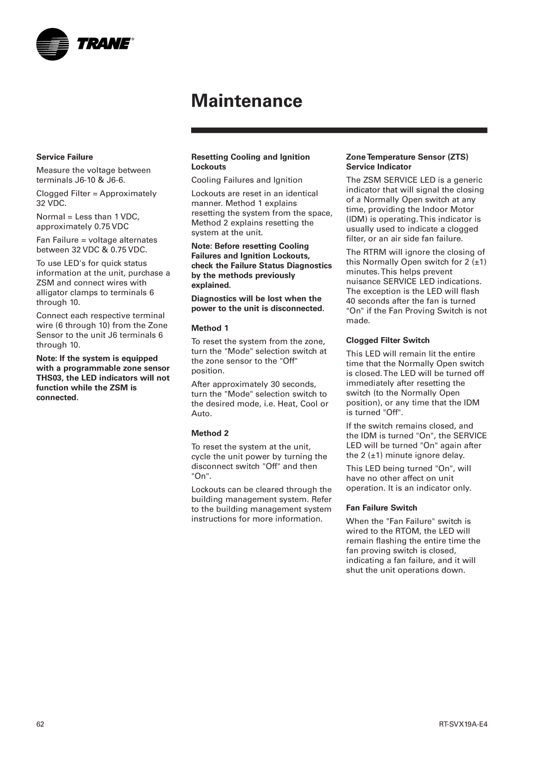 Trane RT-SVX19A-E4 manual Resetting Cooling and Ignition Lockouts, Zone Temperature Sensor ZTS Service Indicator 