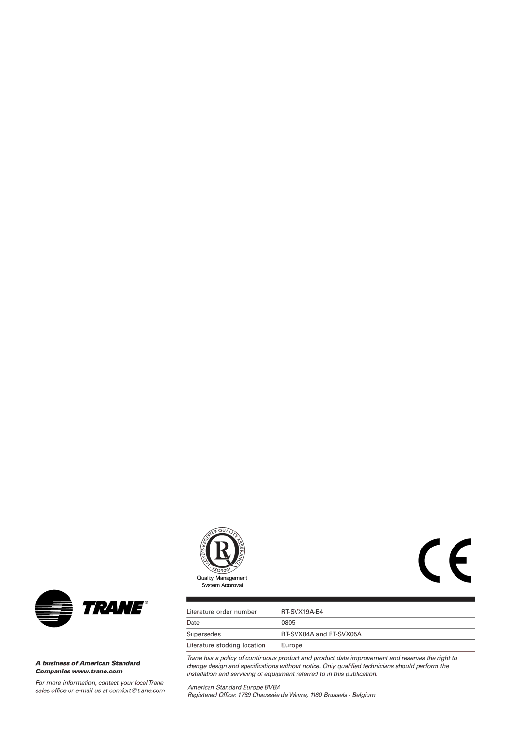 Trane RT-SVX19A-E4 manual Literature order number 