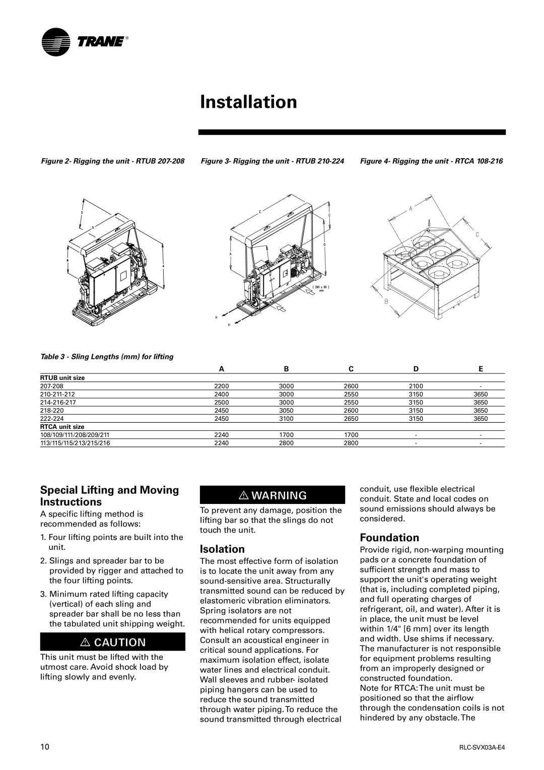 Trane RTCA 108-216, RTUB 207-224 manual Special Lifting and Moving Instructions, Isolation, Foundation 