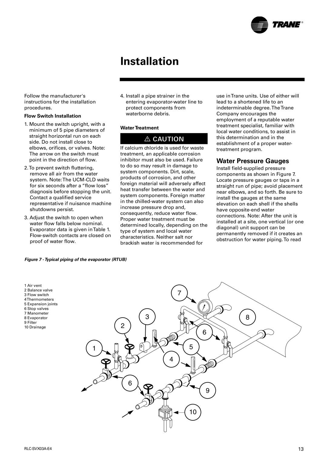 Trane RTUB 207-224, RTCA 108-216 manual Water Pressure Gauges, Flow Switch Installation, Water Treatment 