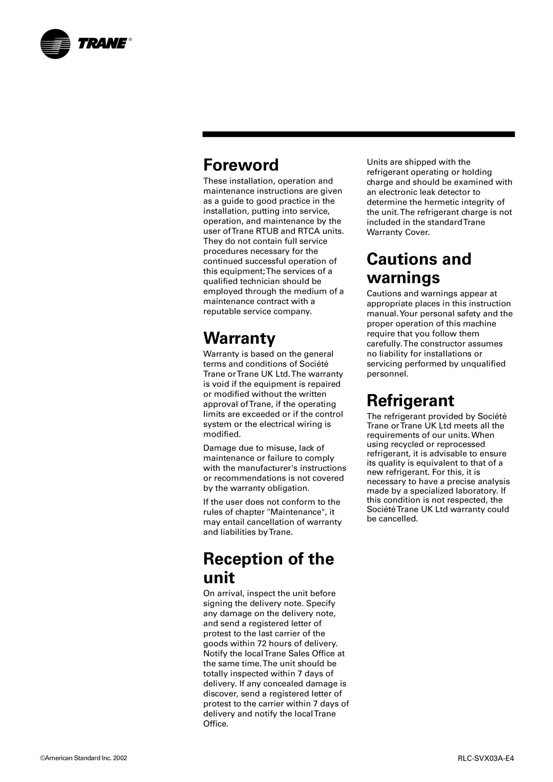 Trane RTCA 108-216, RTUB 207-224 manual Refrigerant 