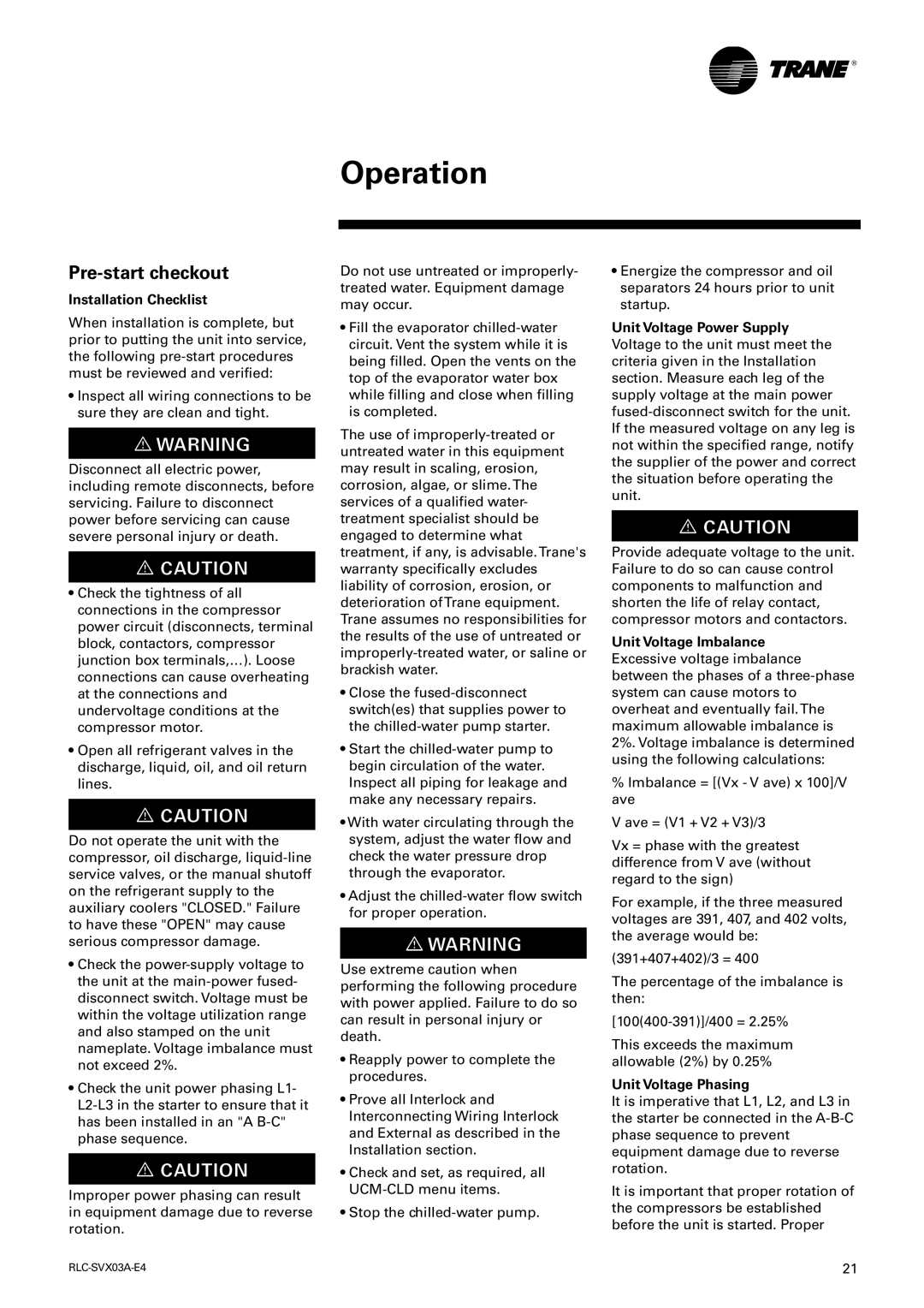 Trane RTUB 207-224, RTCA 108-216 manual Operation, Pre-start checkout, Installation Checklist, Unit Voltage Phasing 