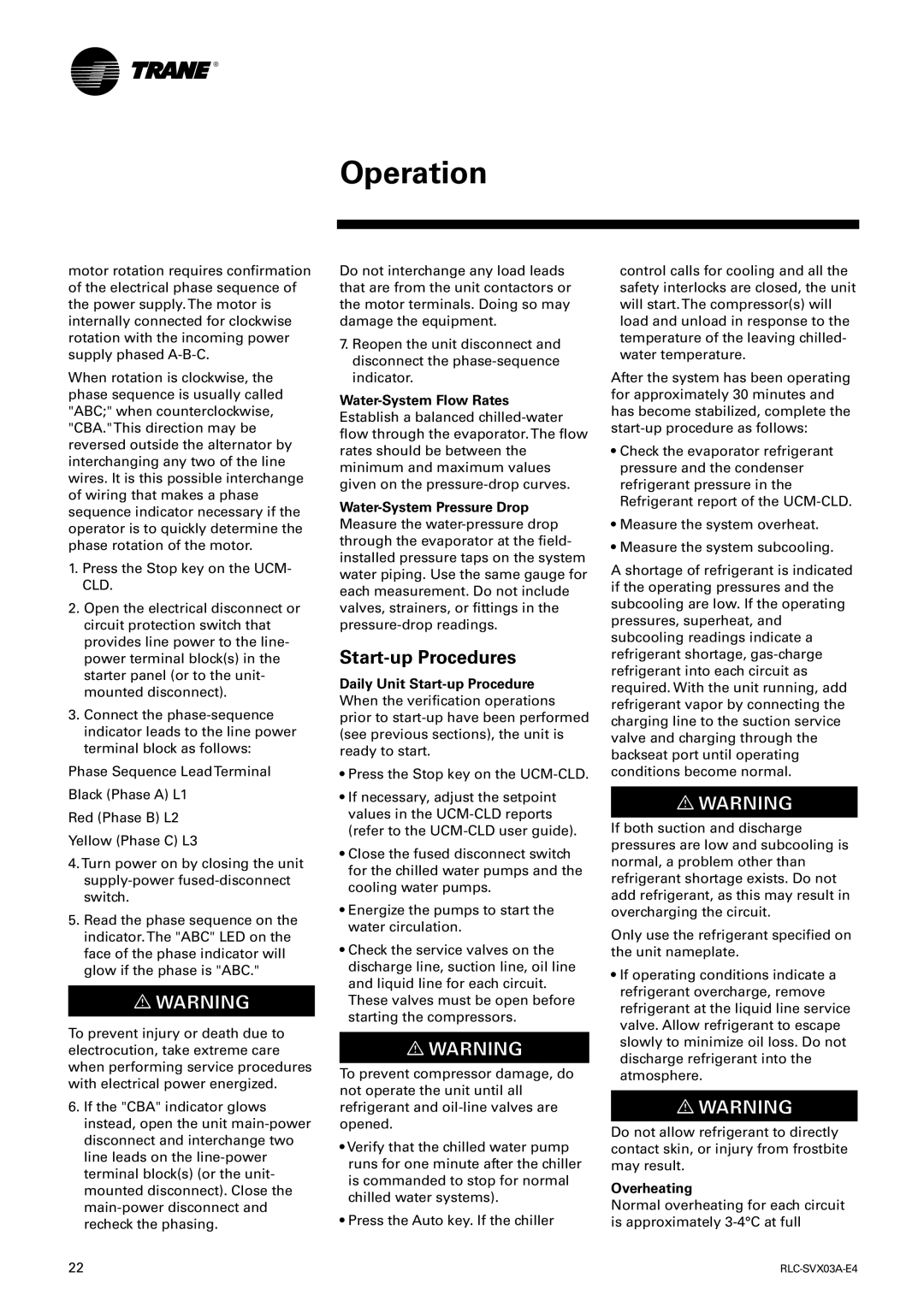 Trane RTCA 108-216, RTUB 207-224 manual Start-up Procedures, Overheating 