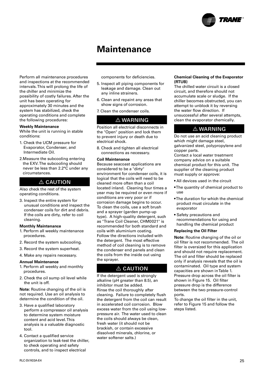 Trane RTUB 207-224, RTCA 108-216 manual Maintenance 