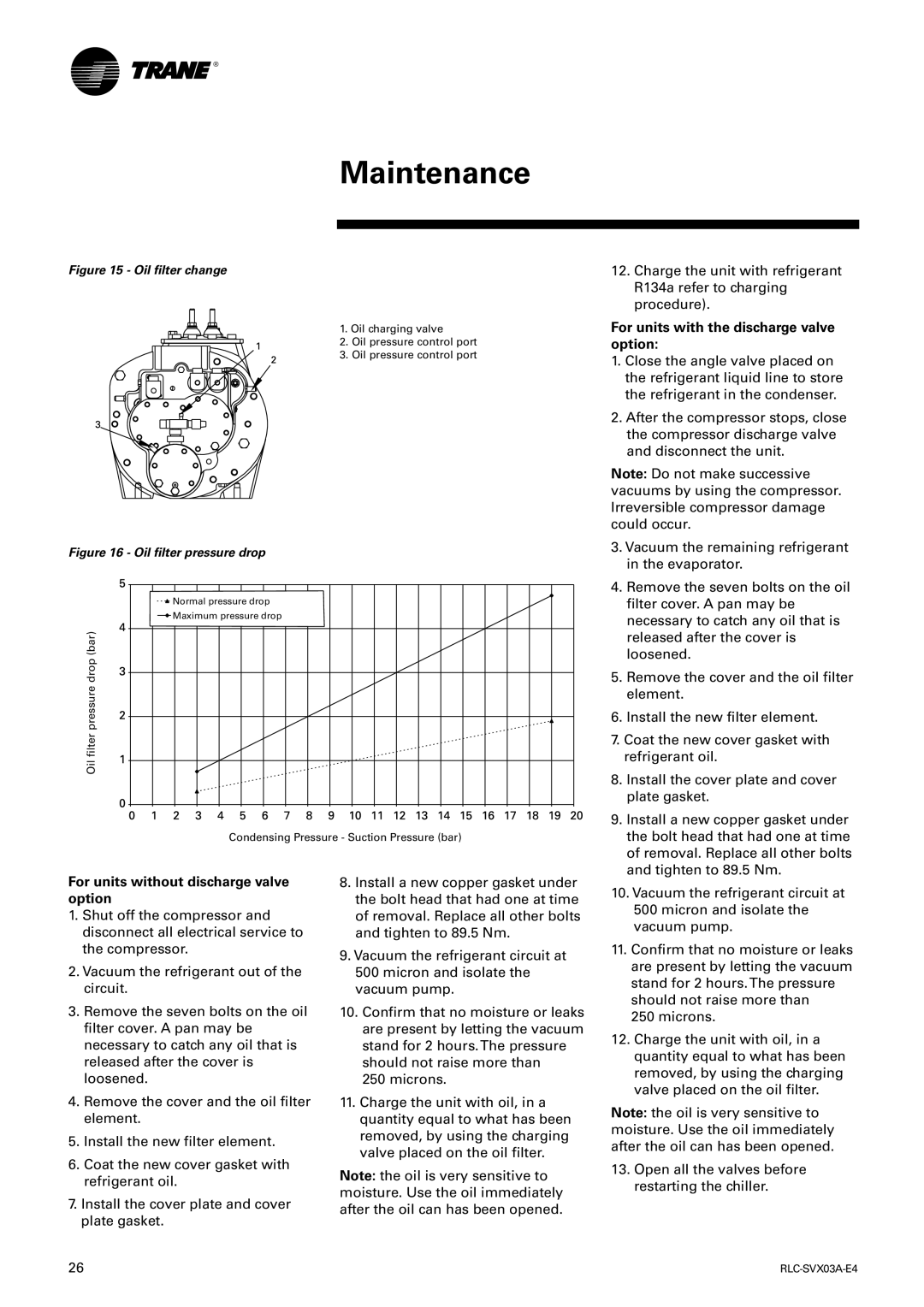 Trane RTCA 108-216, RTUB 207-224 manual For units with the discharge valve option, For units without discharge valve option 