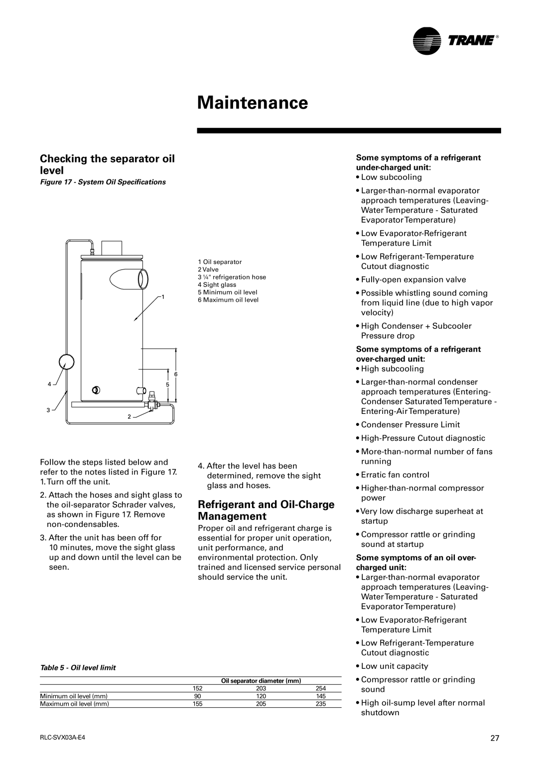 Trane RTUB 207-224, RTCA 108-216 manual Checking the separator oil level, Refrigerant and Oil-Charge Management 