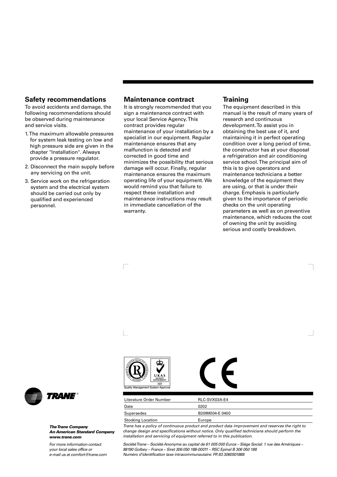 Trane RTCA 108-216, RTUB 207-224 manual Safety recommendations, Maintenance contract, Training 