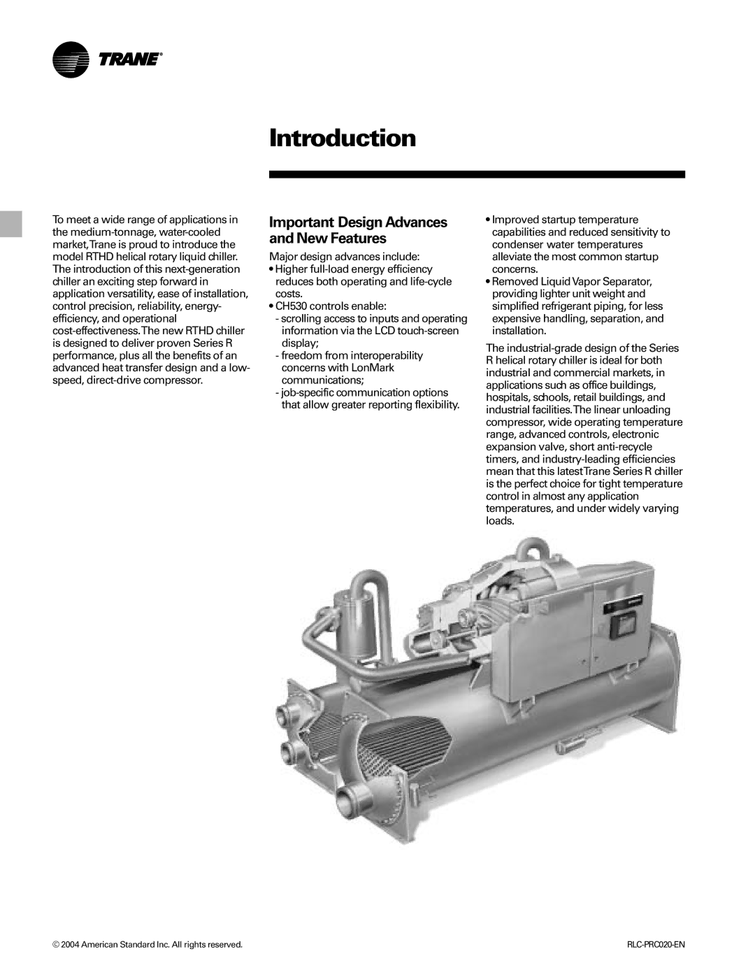 Trane RTHD manual Introduction, American Standard Inc. All rights reserved 