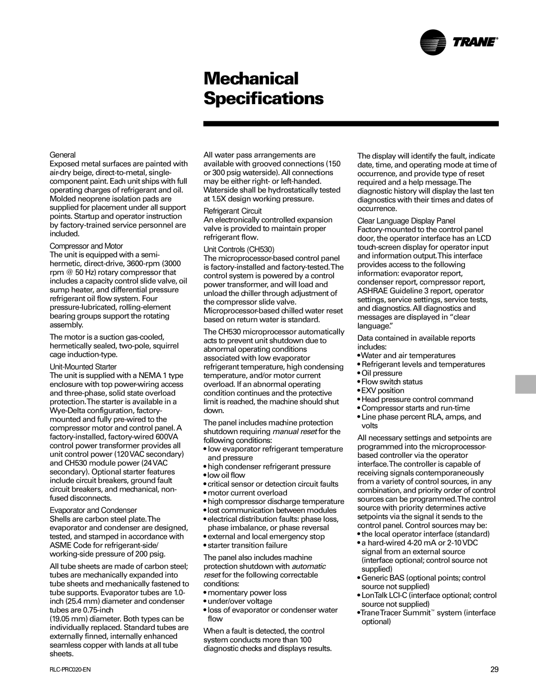 Trane RTHD manual Mechanical Specifications 