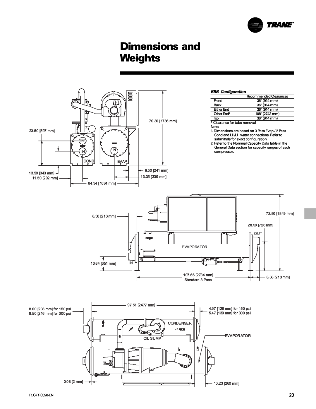 Trane RTHD manual Dimensions and Weights, BBB Configuration 