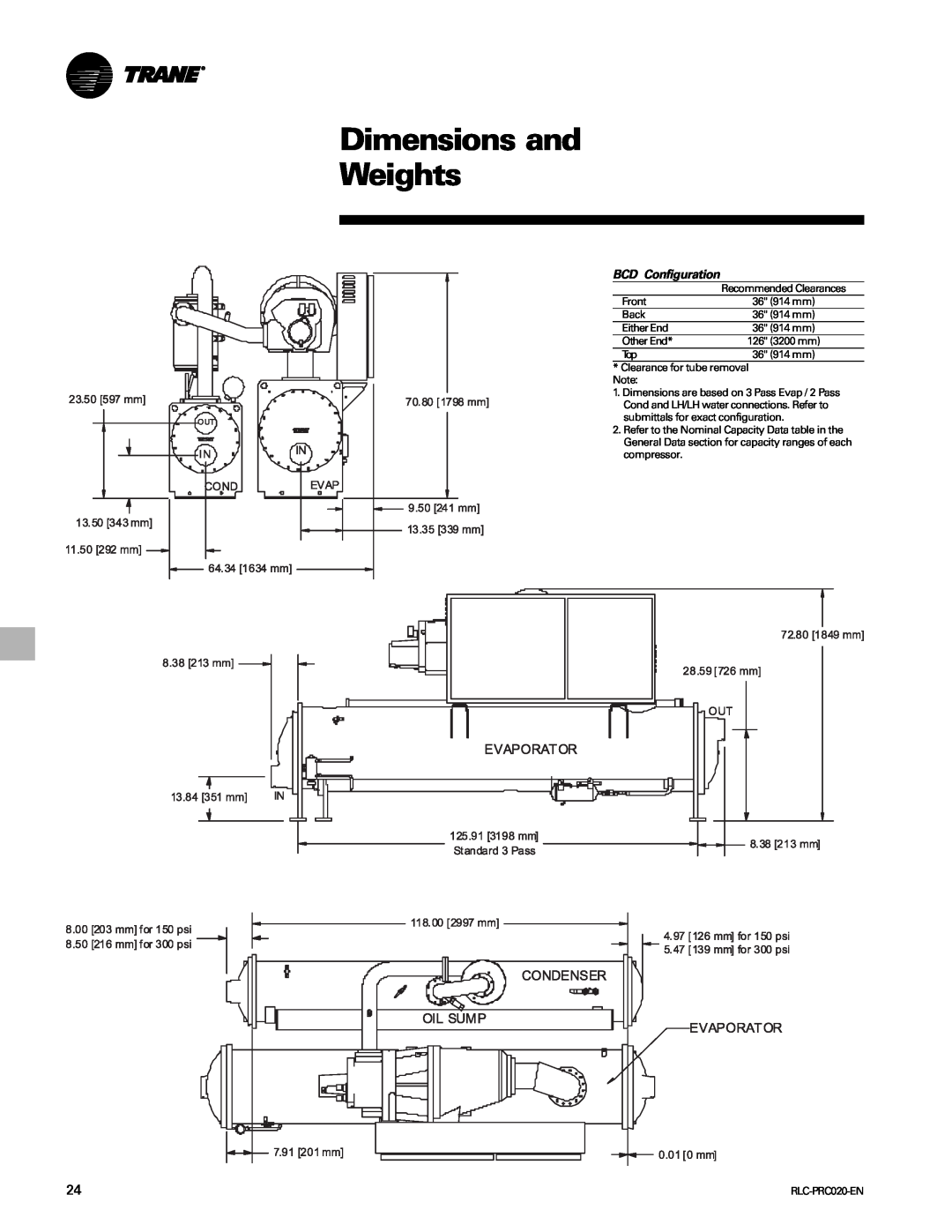 Trane RTHD manual Dimensions and Weights, BCD Configuration 
