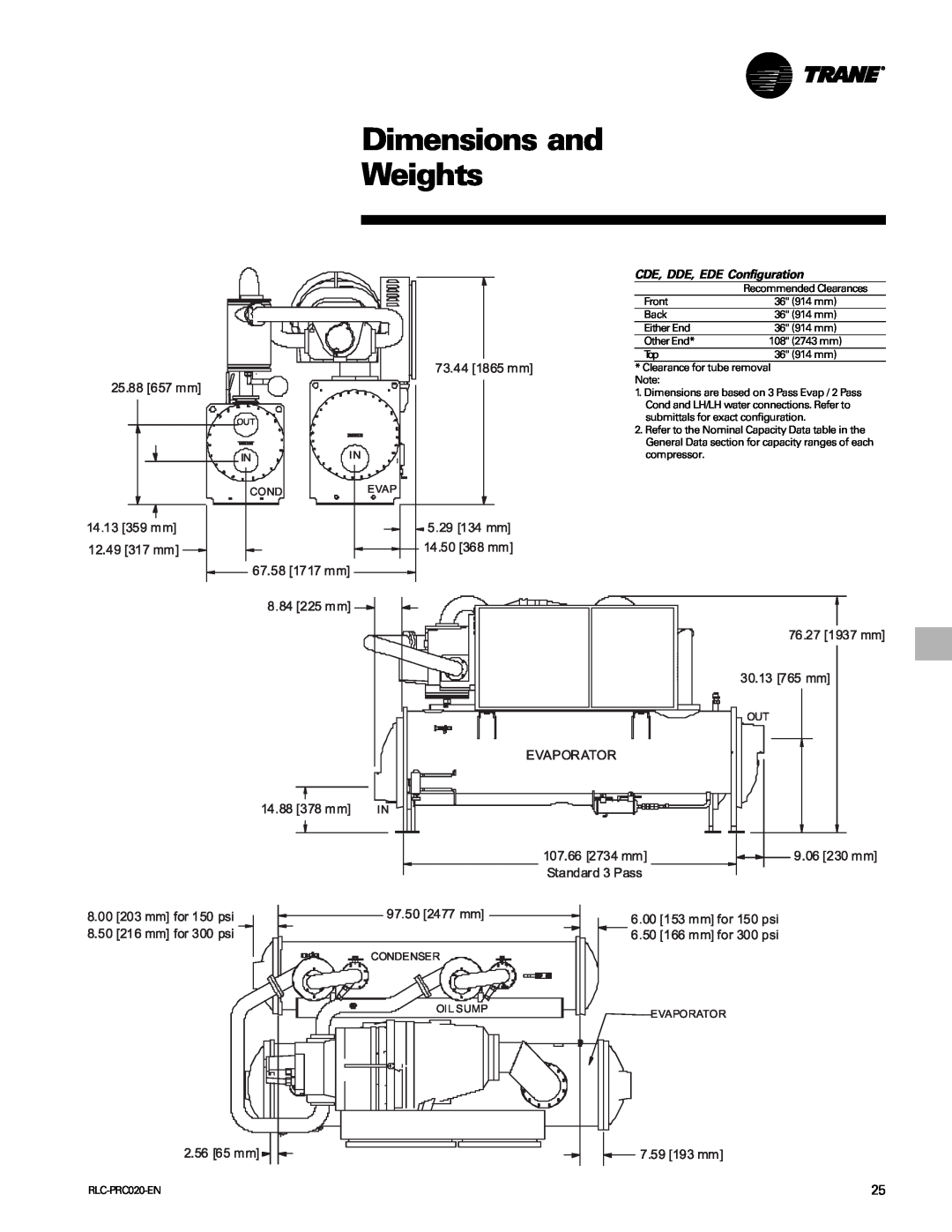Trane RTHD manual Dimensions and Weights, CDE, DDE, EDE Configuration 