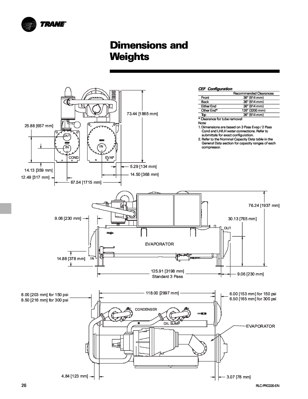 Trane RTHD manual Dimensions and Weights, CEF Configuration 