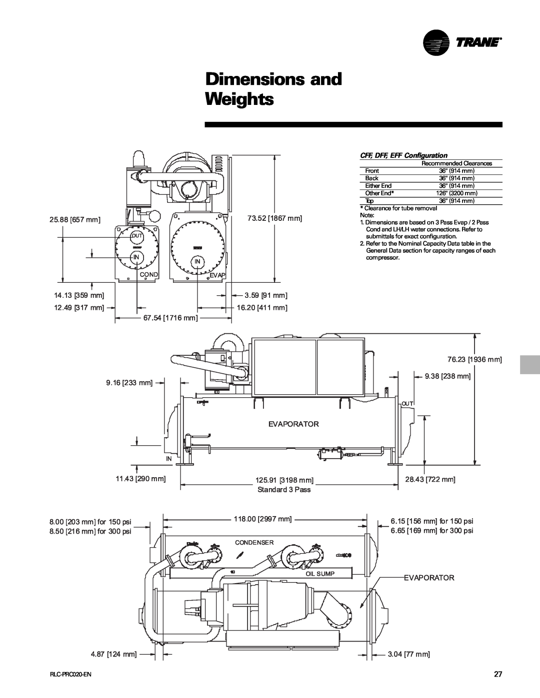 Trane RTHD manual Dimensions and Weights, CFF, DFF, EFF Configuration 