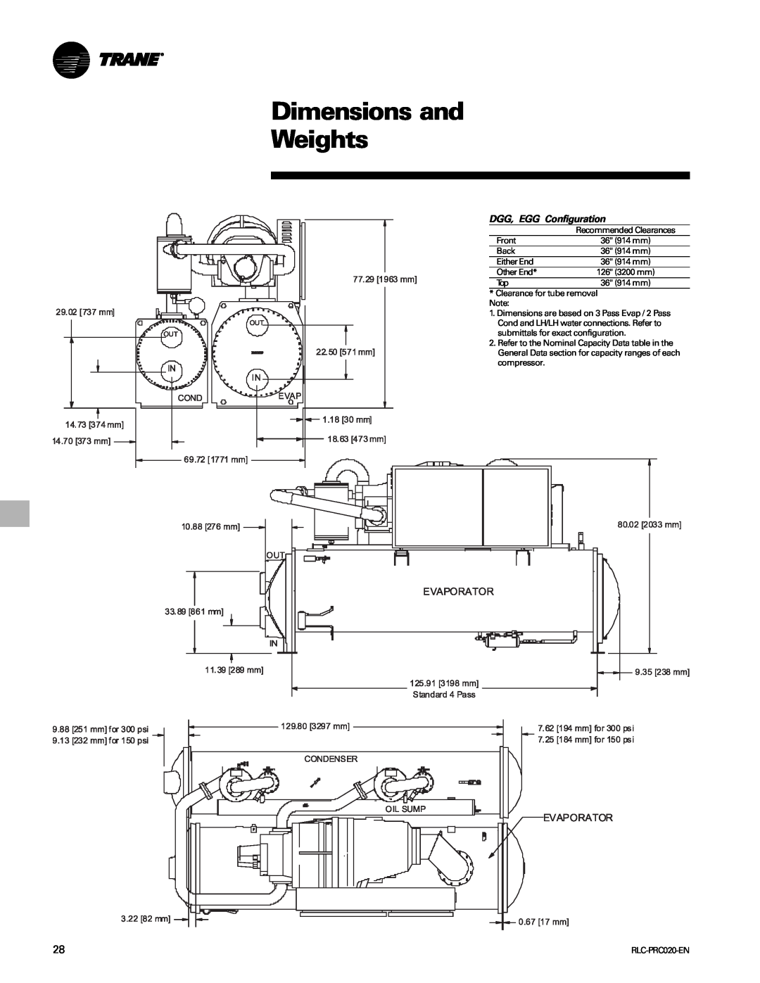 Trane RTHD manual Dimensions and Weights, DGG, EGG Configuration 