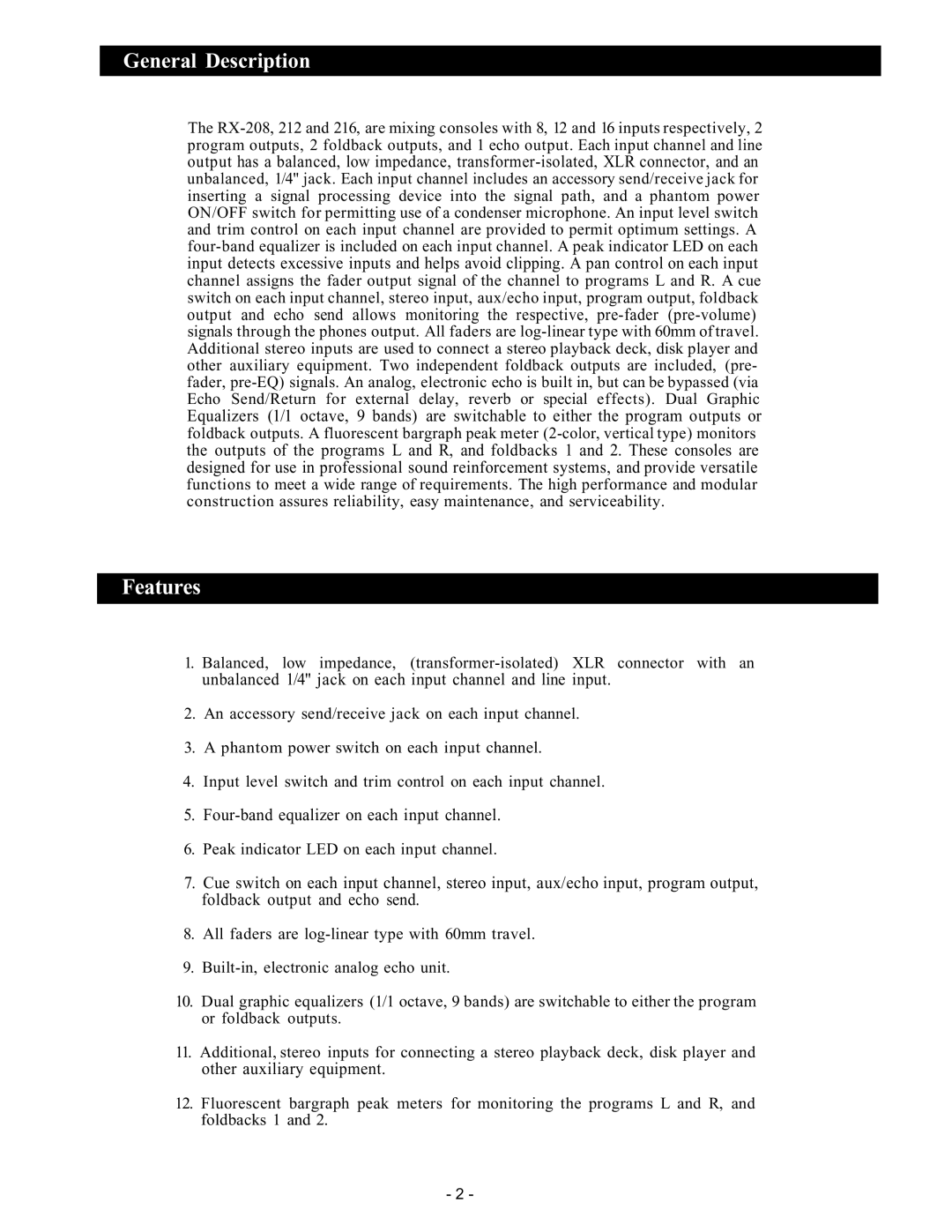 Trane RX-212 instruction manual Features, General Description 