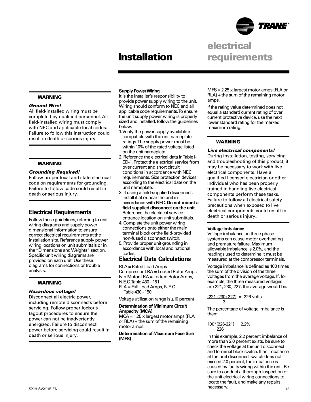 Trane SCIH manual Electrical Requirements, Electrical Data Calculations, Ground Wire, Grounding Required 