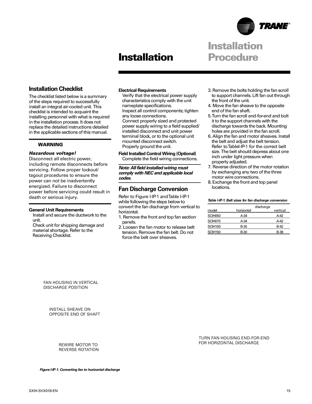 Trane SCIH manual Installation Procedure, Installation Checklist, Fan Discharge Conversion 