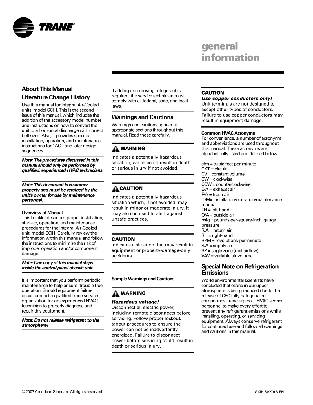 Trane SCIH manual General information, Special Note on Refrigeration Emissions, Overview of Manual, Common Hvac Acronyms 