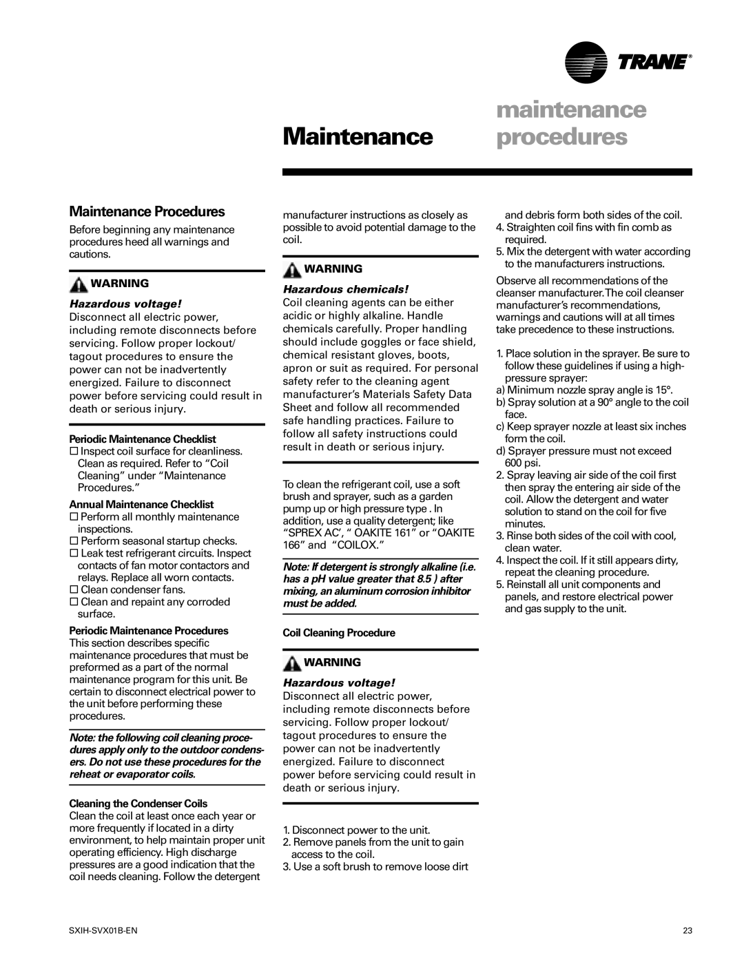 Trane SCIH manual Maintenance procedures, Maintenance Procedures, Hazardous chemicals, Hazardous voltage 