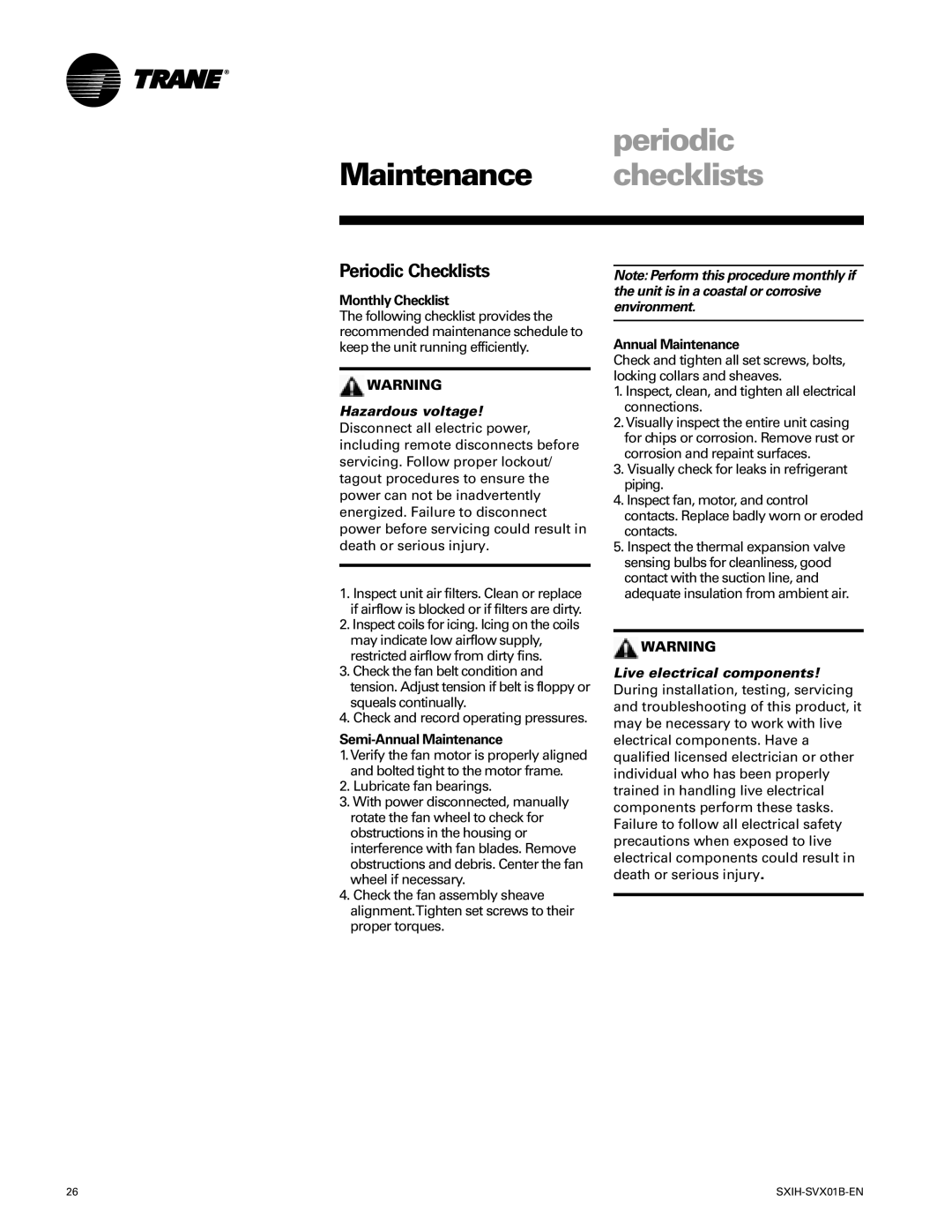 Trane SCIH manual Maintenance checklists, Periodic Checklists 