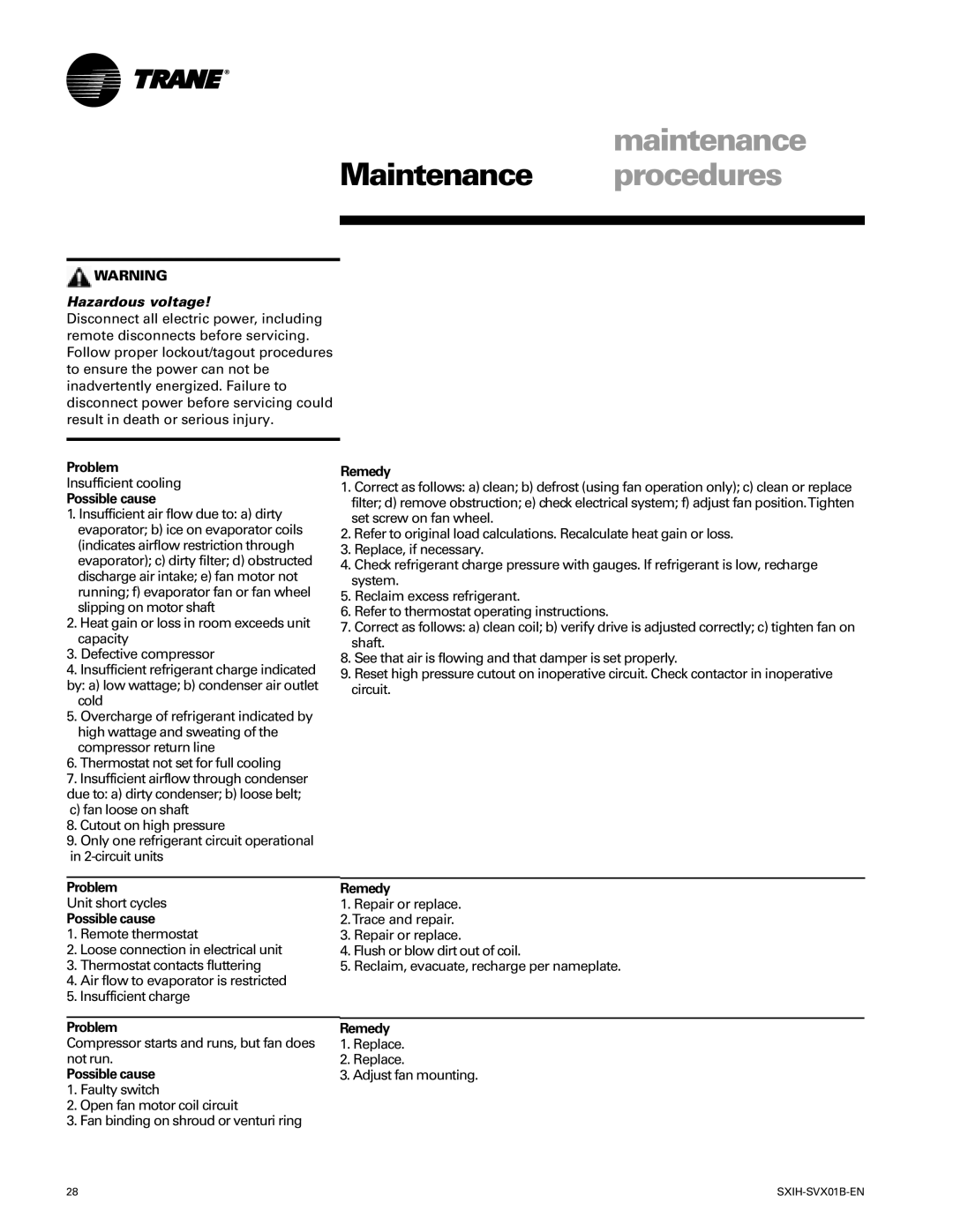 Trane SCIH manual Insufficient cooling 