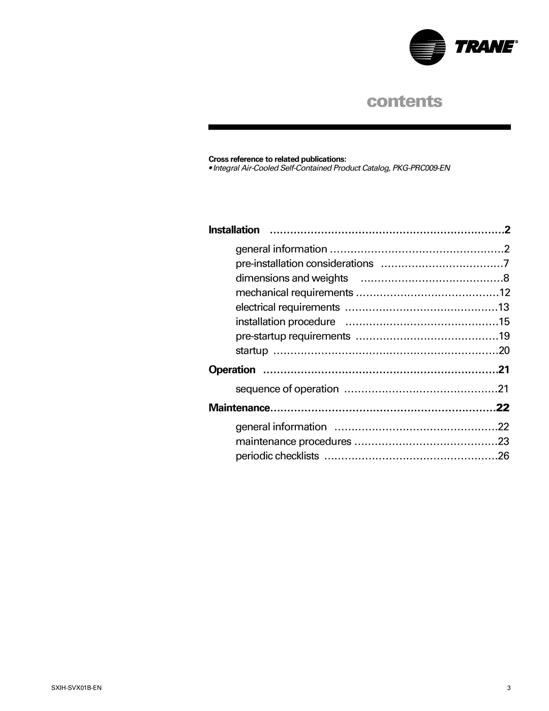 Trane SCIH manual Contents 