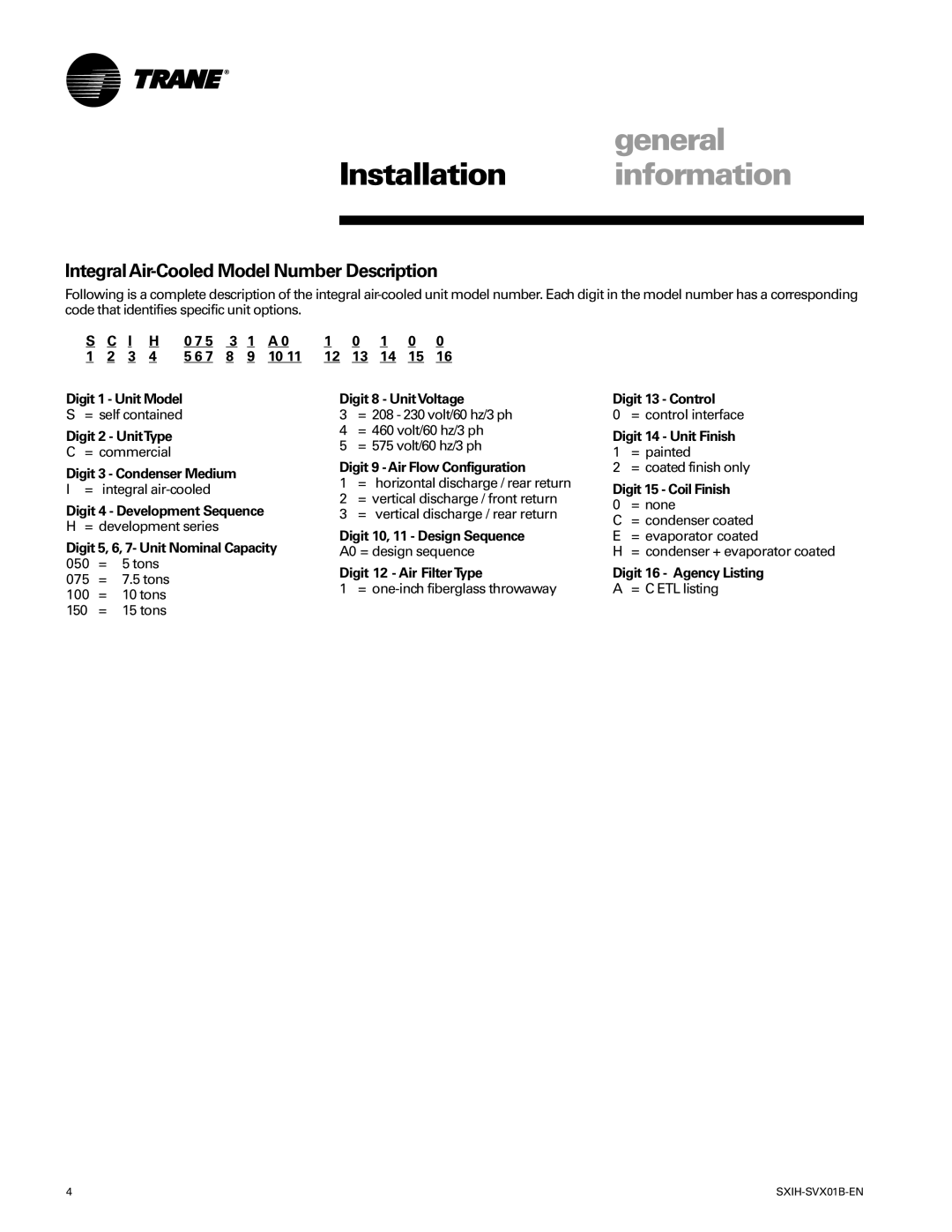 Trane SCIH manual General, Installation information, Integral Air-Cooled Model Number Description 