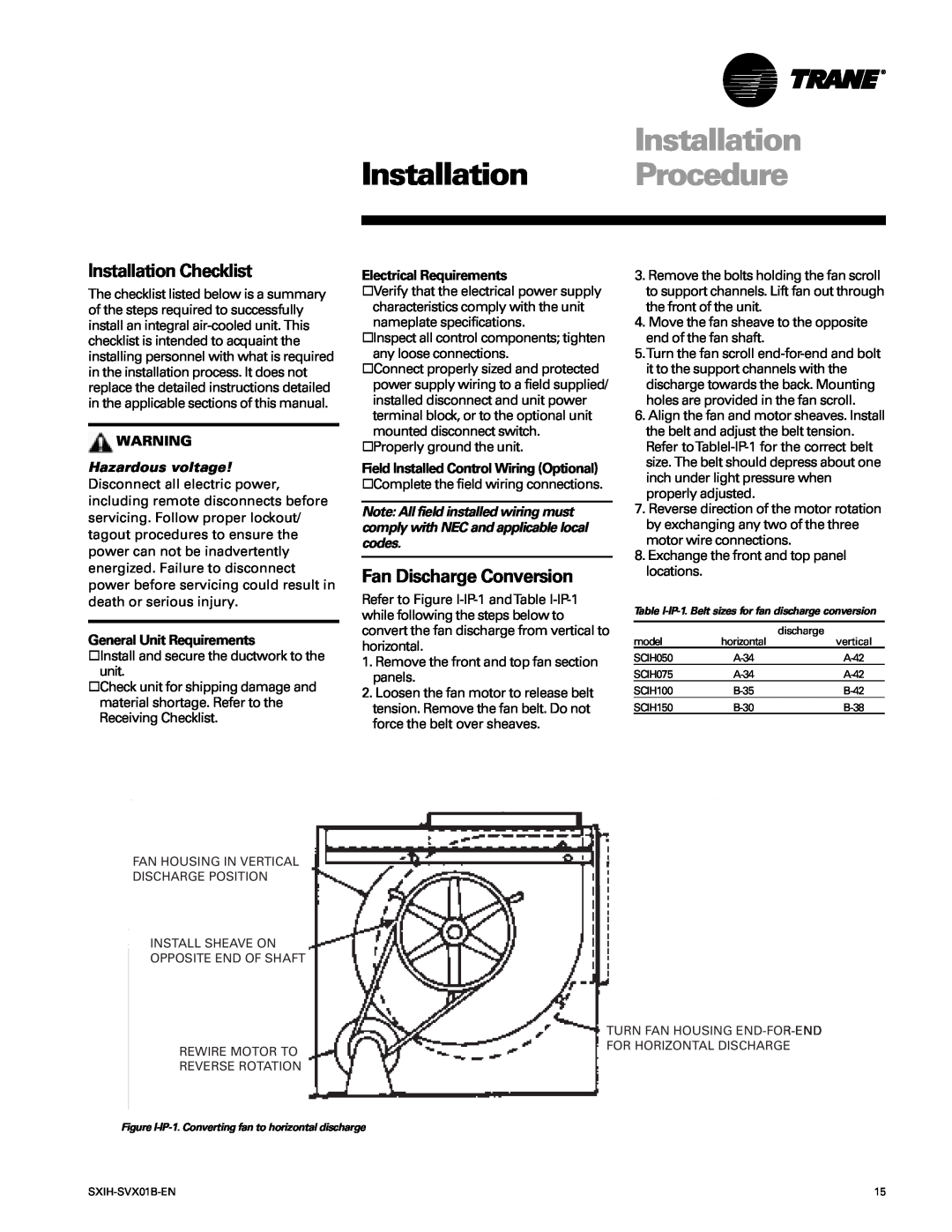 Trane SCIH manual Installation Procedure, Installation Checklist, Fan Discharge Conversion 