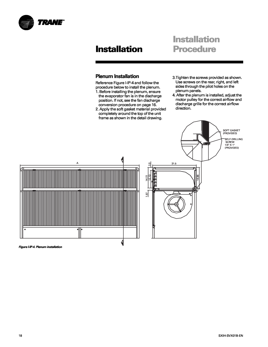 Trane SCIH manual Plenum Installation, Installation Procedure, Figure I-IP-4.Plenum installation 