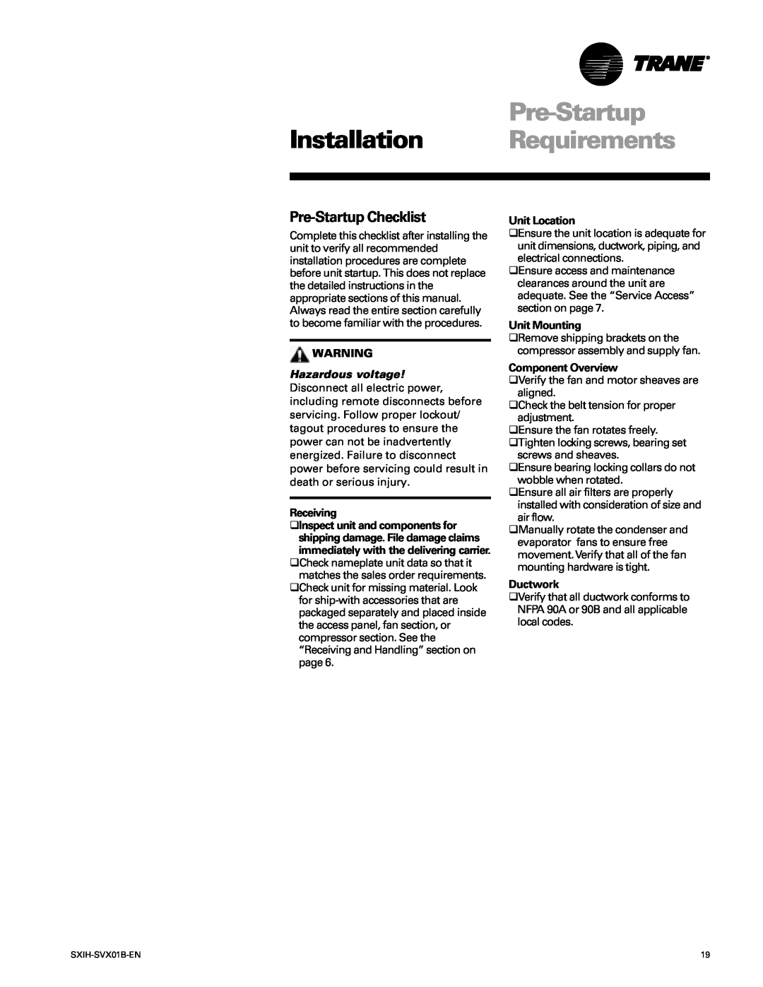 Trane SCIH manual Installation Requirements, Pre-StartupChecklist 