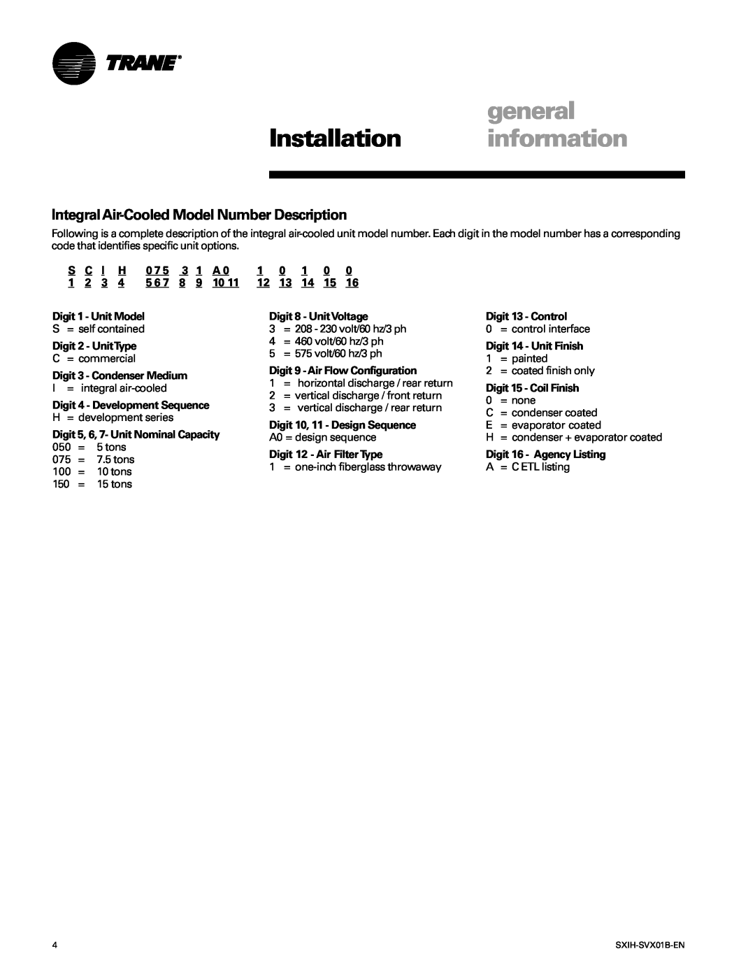 Trane SCIH manual general, Installation information, Integral Air-CooledModel Number Description 