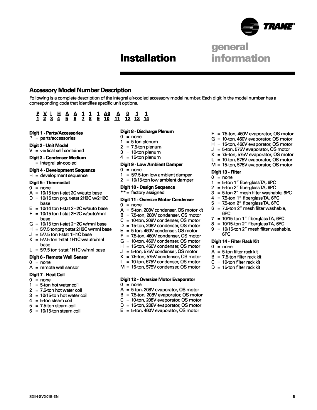 Trane SCIH manual Accessory Model Number Description, general, Installation information 