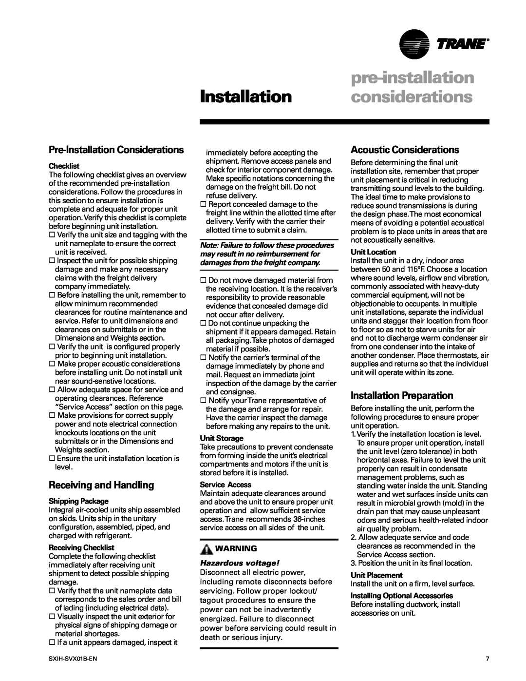 Trane SCIH manual pre-installation Installation considerations, Receiving and Handling, Acoustic Considerations 