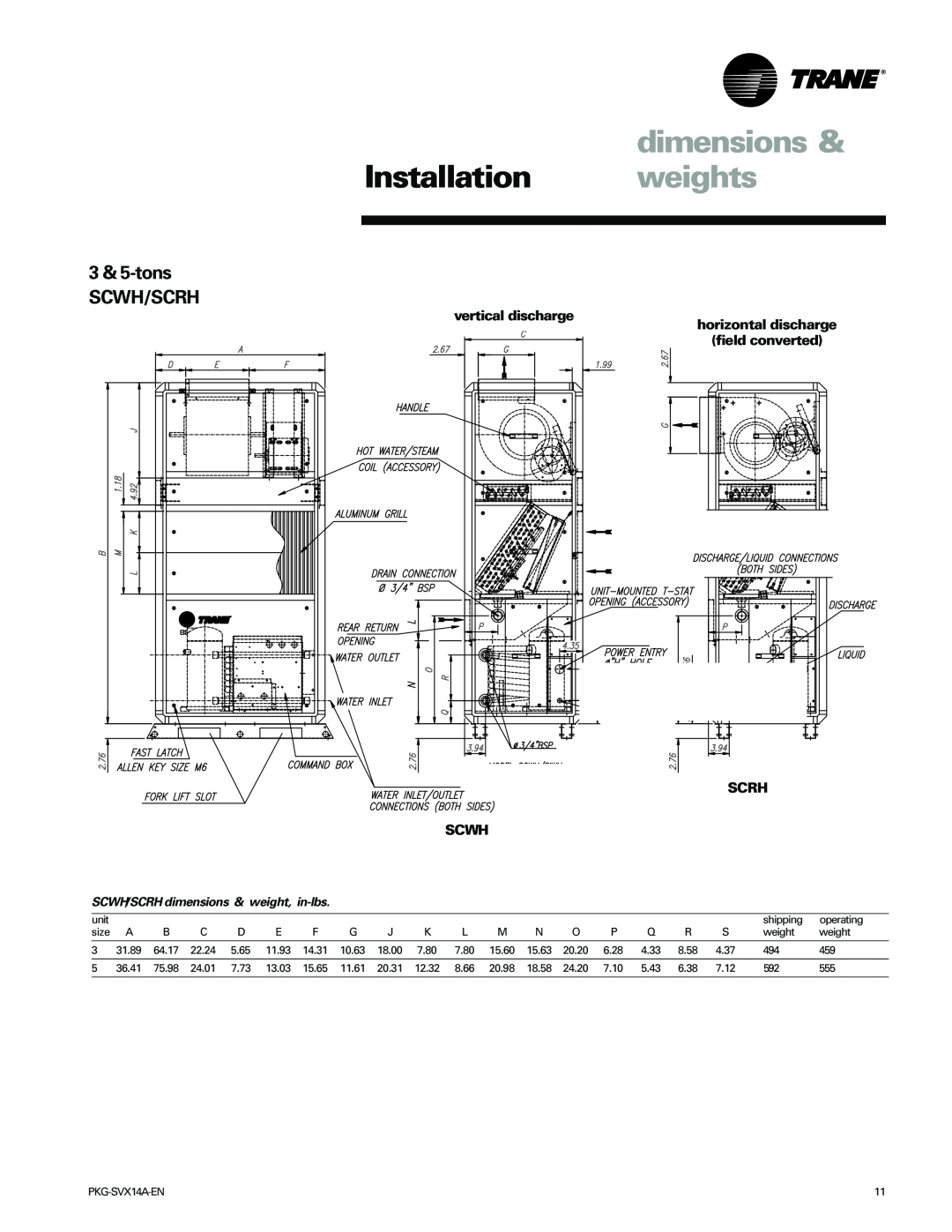 Trane manual dimensions, Installation weights, 3 & 5-tons SCWH/SCRH, vertical discharge SCWH 