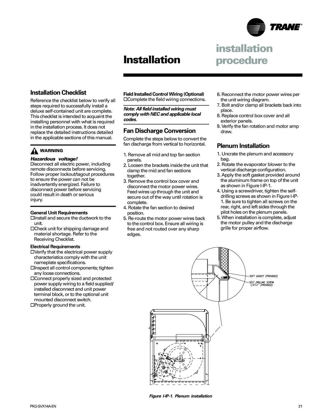 Trane SCRH installation, Installation procedure, Installation Checklist, Fan Discharge Conversion, Plenum Installation 
