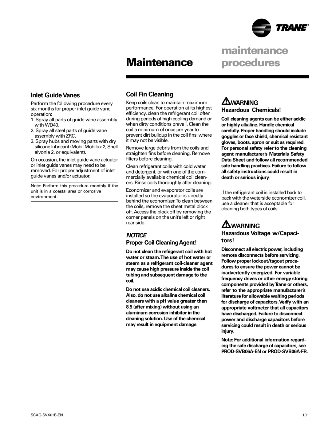 Trane SCXG-SVX01B-EN manual Inlet GuideVanes, Coil Fin Cleaning, Proper Coil CleaningAgent 