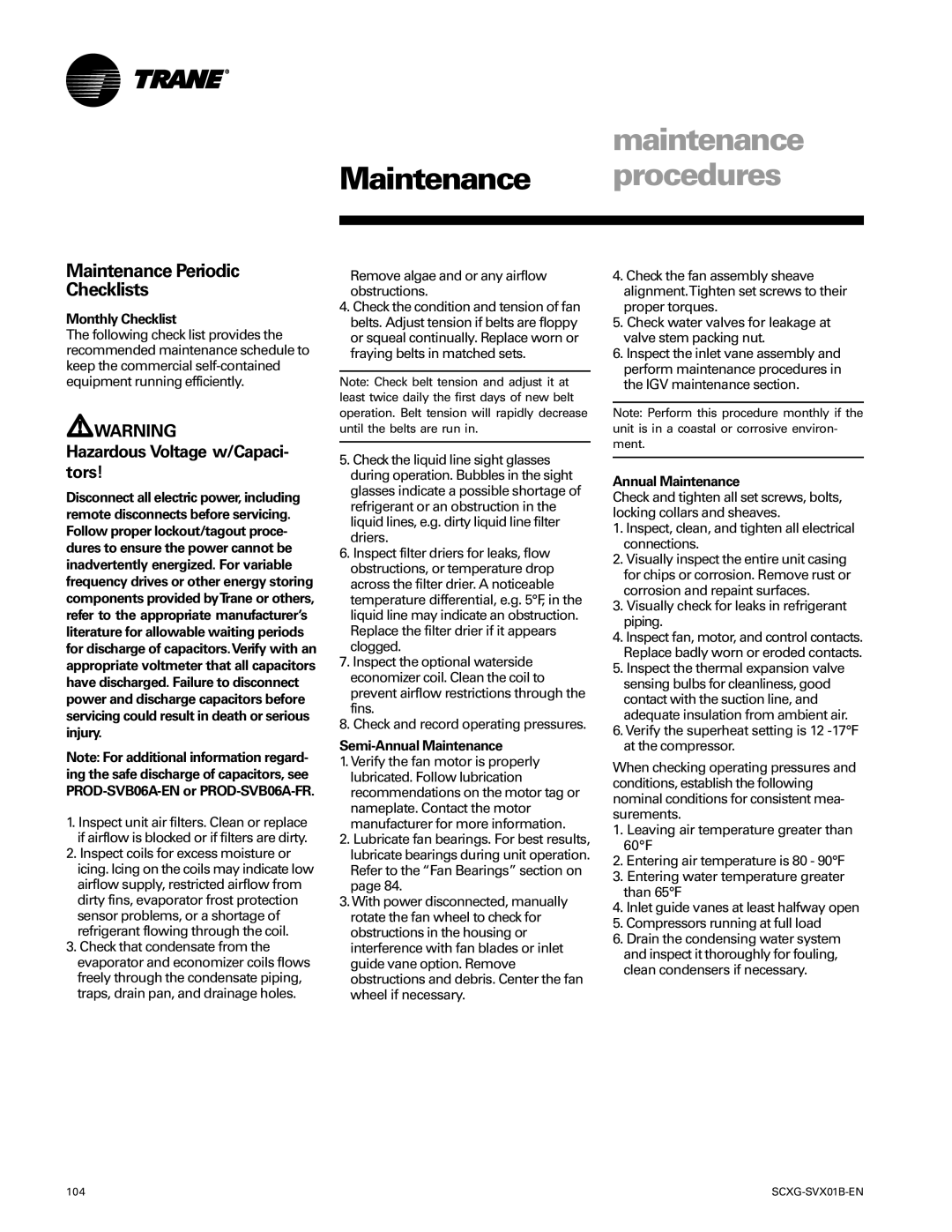 Trane SCXG-SVX01B-EN manual Maintenance Periodic Checklists, Monthly Checklist, Semi-Annual Maintenance 