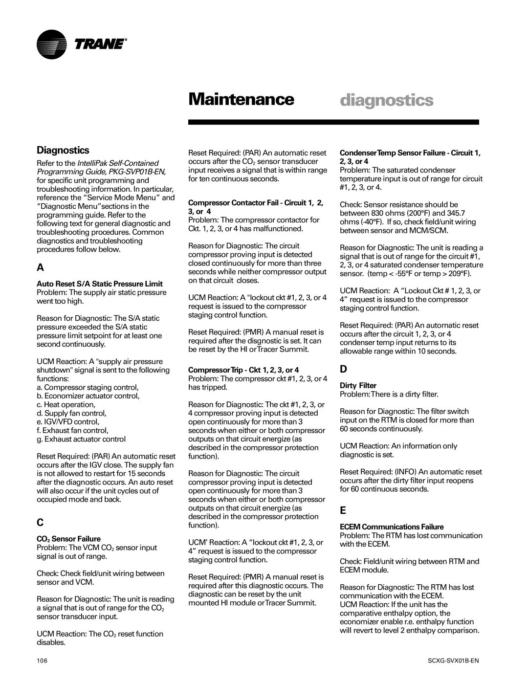 Trane SCXG-SVX01B-EN manual Maintenance diagnostics, Diagnostics 