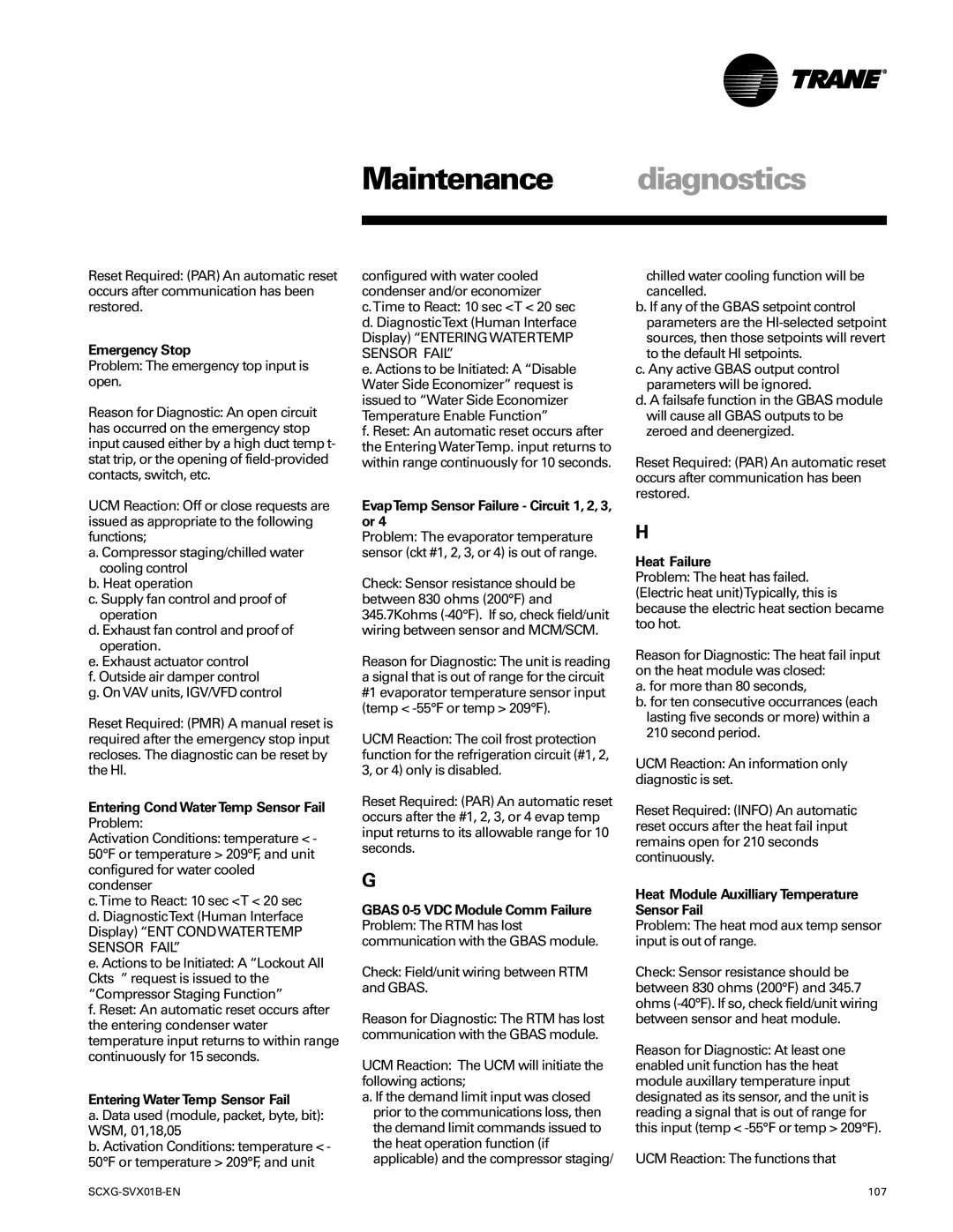Trane SCXG-SVX01B-EN Emergency Stop, Entering Cond WaterTemp Sensor Fail, Entering Water Temp Sensor Fail, Heat Failure 