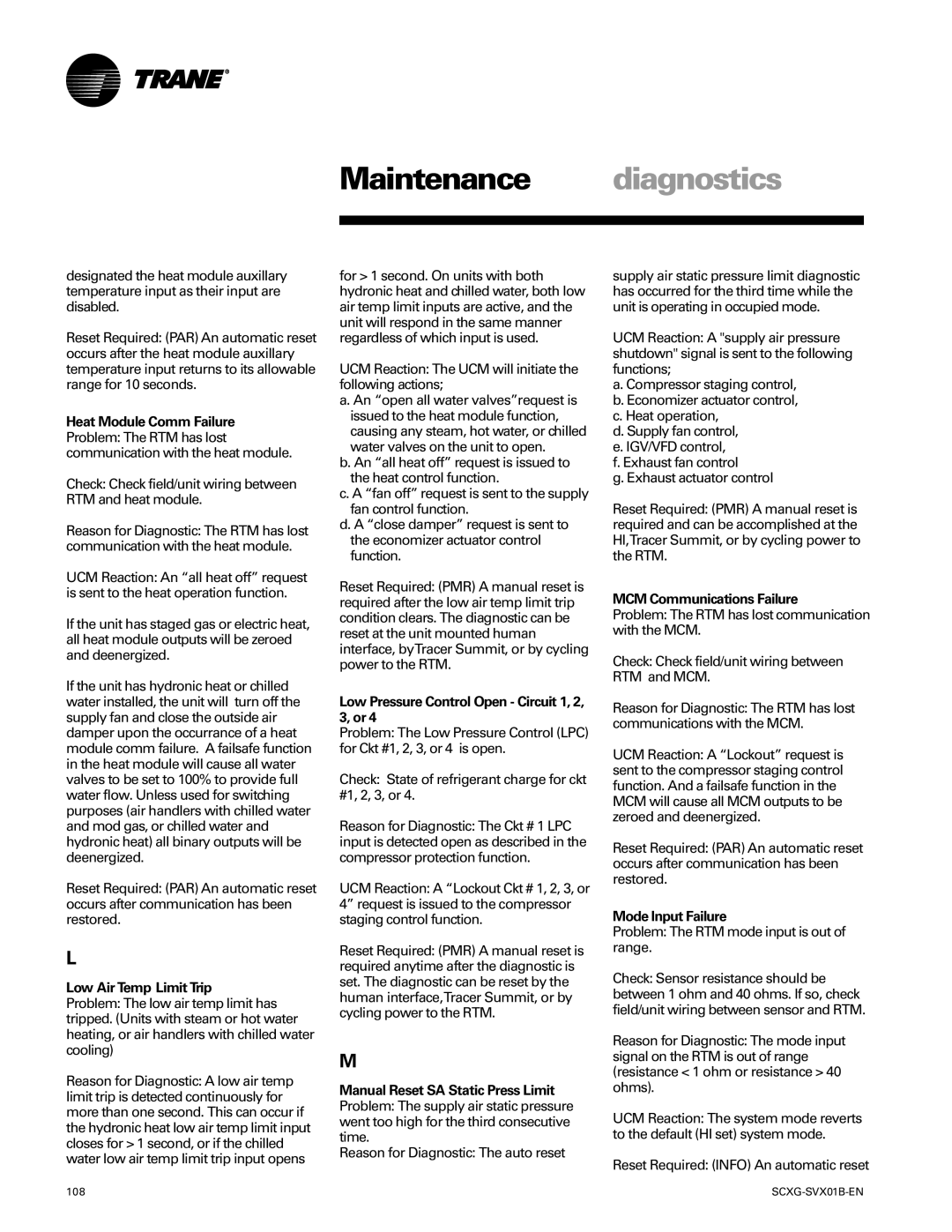 Trane SCXG-SVX01B-EN Low Air Temp Limit Trip, Low Pressure Control Open Circuit 1, 2, 3, or, MCM Communications Failure 