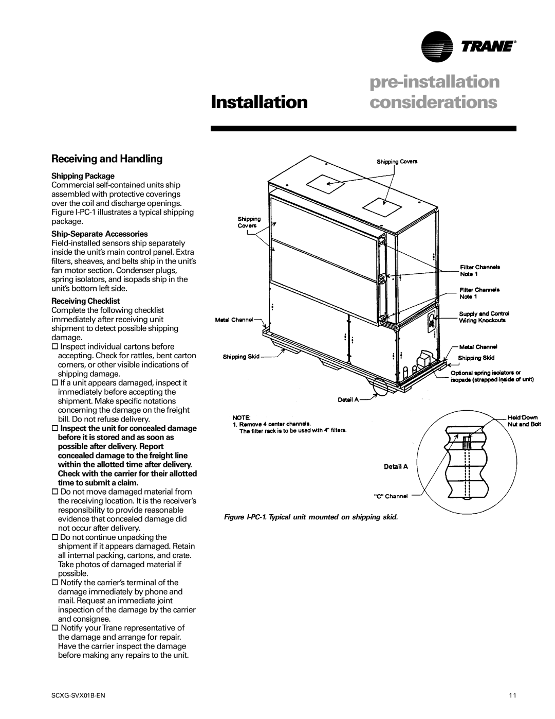 Trane SCXG-SVX01B-EN manual Receiving and Handling, Shipping Package 