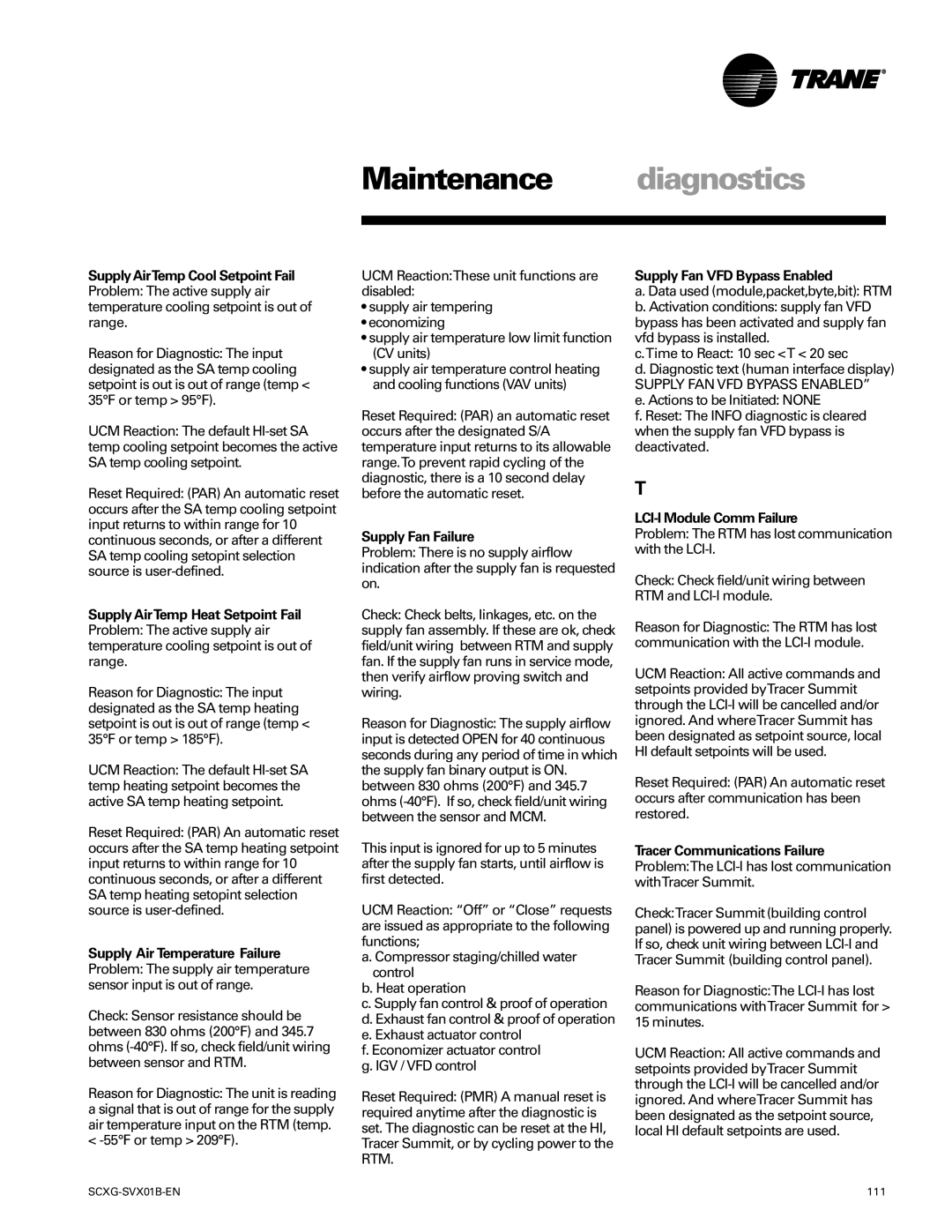 Trane SCXG-SVX01B-EN manual Supply Fan Failure, Supply Fan VFD Bypass Enabled, LCI-I Module Comm Failure 