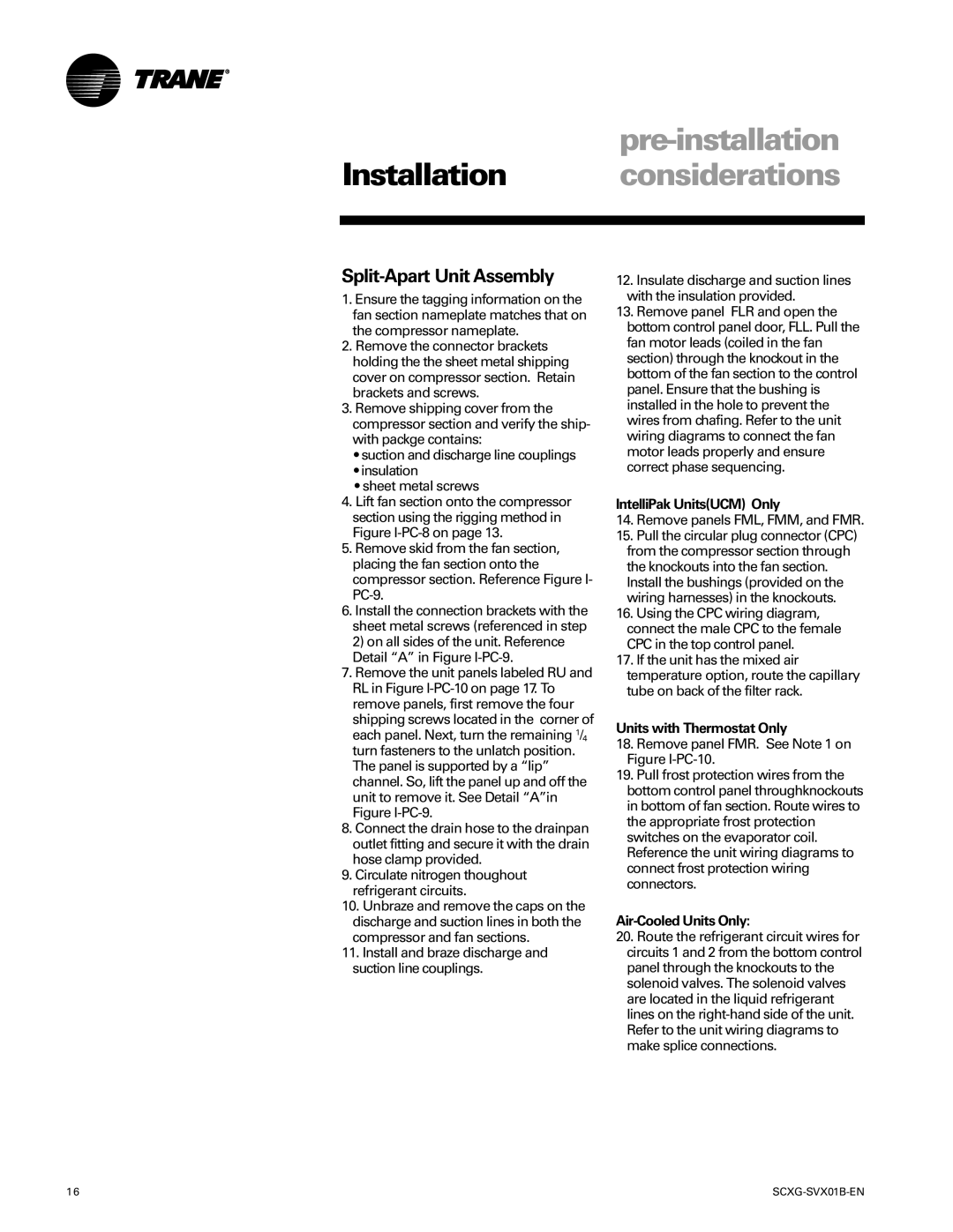 Trane SCXG-SVX01B-EN manual Split-Apart Unit Assembly, IntelliPak UnitsUCM Only, Remove panels FML, FMM, and FMR 