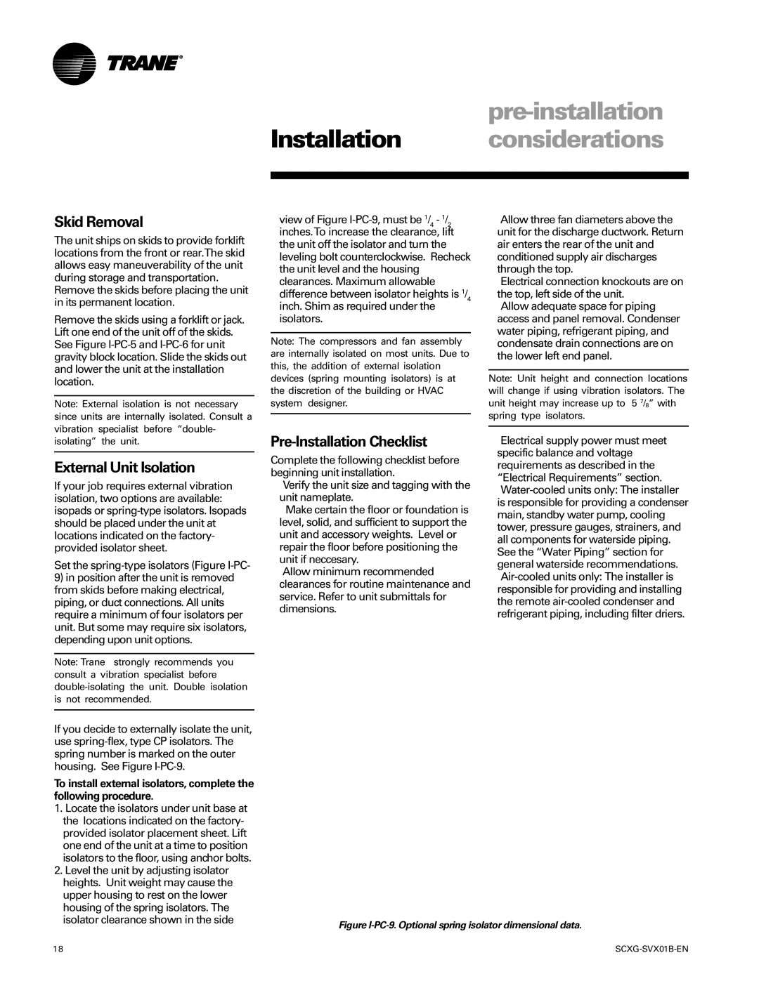 Trane SCXG-SVX01B-EN manual Skid Removal, External Unit Isolation, Pre-Installation Checklist 