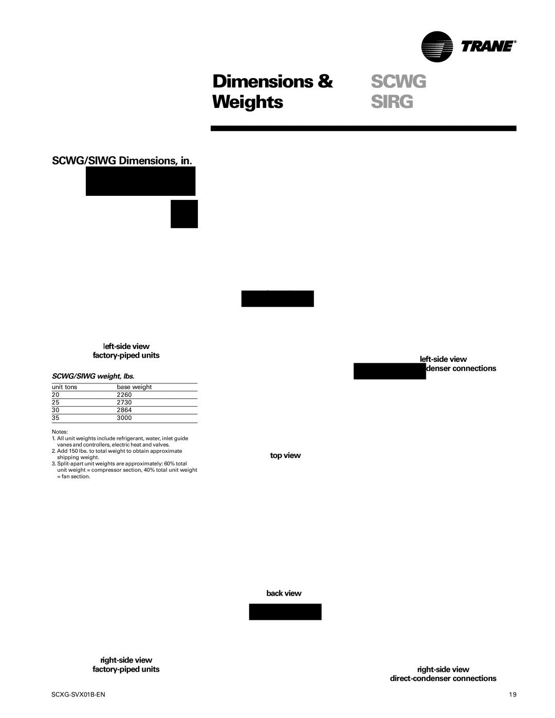 Trane SCXG-SVX01B-EN manual Weights, SCWG/SIWG Dimensions, Left-side view, Factory-piped units 