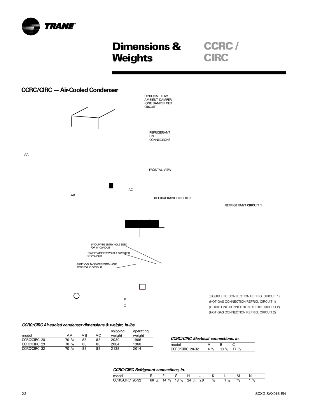 Trane SCXG-SVX01B-EN manual CCRC/CIRC -Air-Cooled Condenser, CCRC/CIRC Air-cooled condenser dimensions & weight, in-lbs 