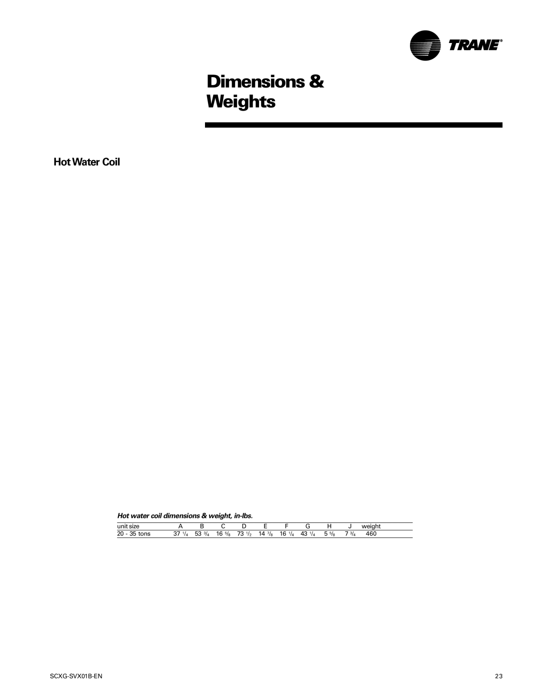 Trane SCXG-SVX01B-EN manual Hot Water Coil, Hot water coil dimensions & weight, in-lbs 