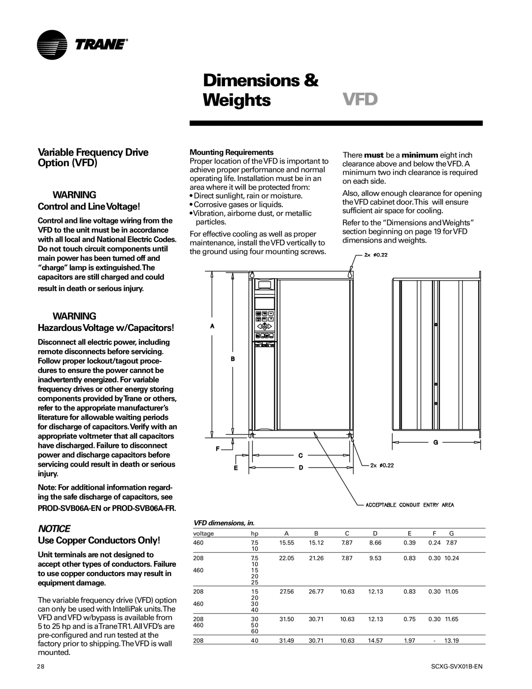 Trane SCXG-SVX01B-EN manual Dimensions Weights VFD, Variable Frequency Drive Option VFD, Control and LineVoltage 