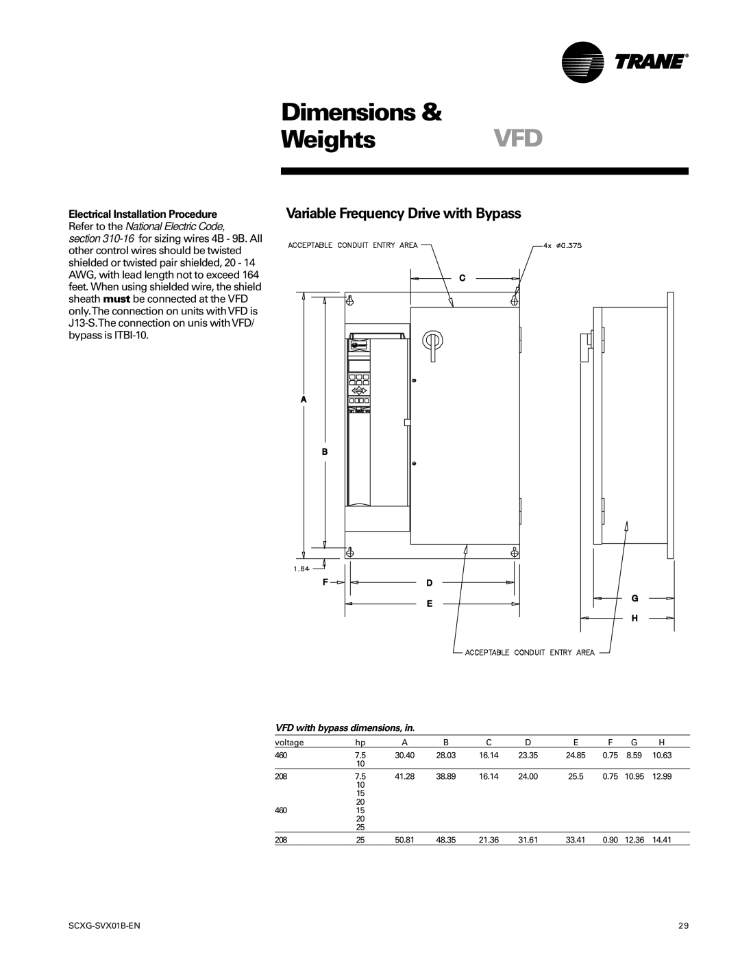 Trane SCXG-SVX01B-EN Variable Frequency Drive with Bypass, Electrical Installation Procedure, VFD with bypass dimensions 